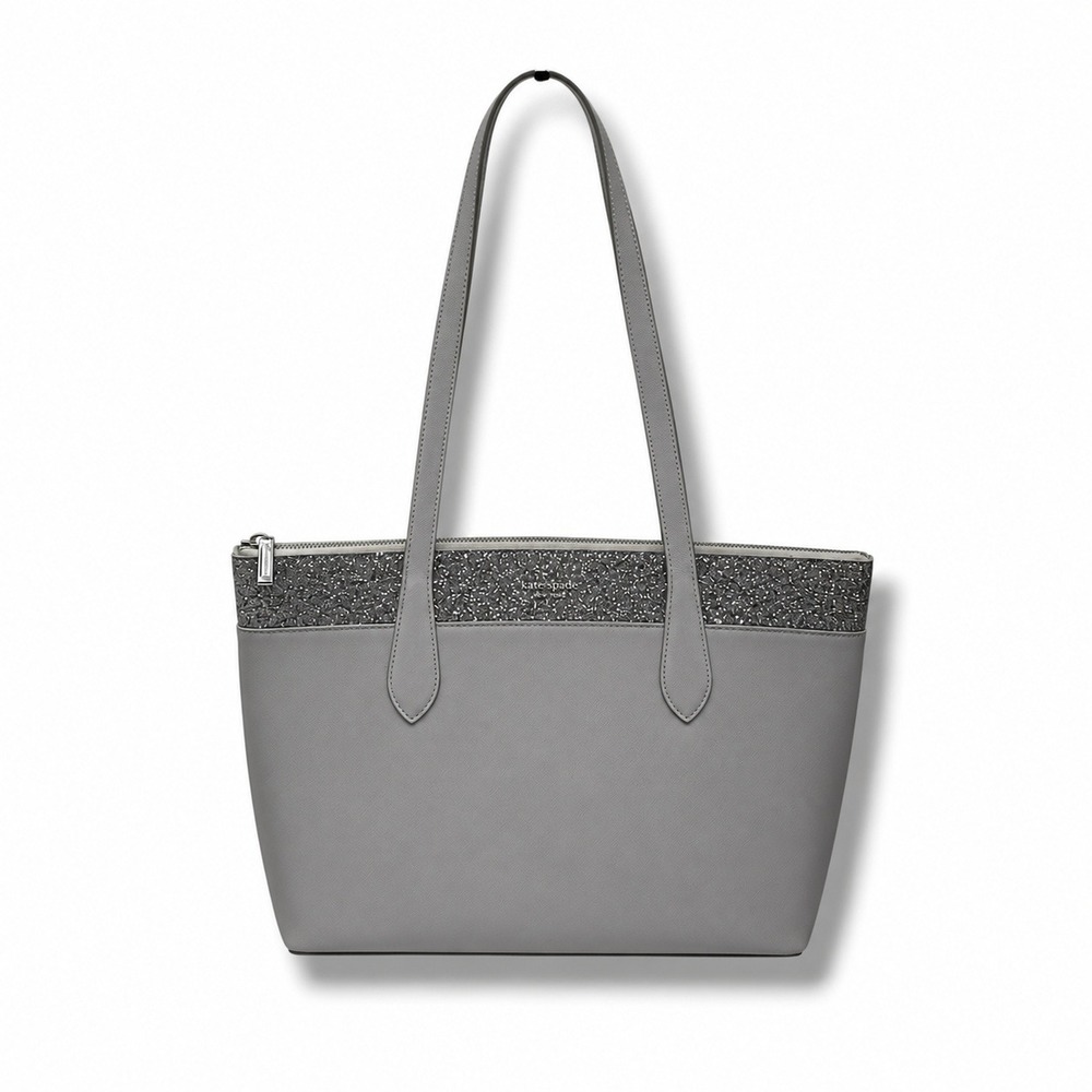 Kate Spade Tote Bag Womens Grey Saffiano Leather Silver Glitter Trim Zip Top